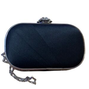 Lulu Townsend Satin Black Silver-tone Clutch, Floral embellishment, Strap